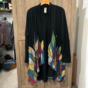 A Walk in the Park 2X black knit long open swing cardigan Artsy Leaves Kimono
